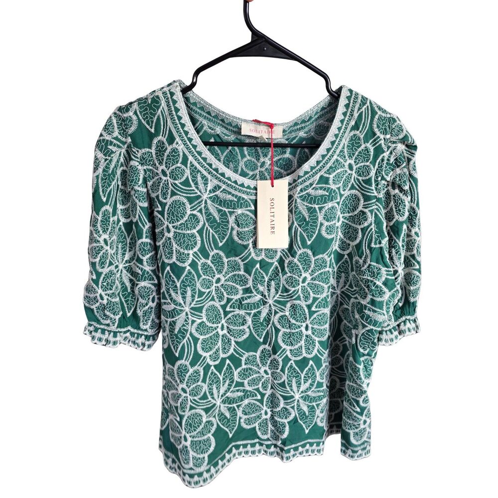 NWT Solitaire Emerald Green All Over Floral Embroidered Puff Sleeve Blouse XL